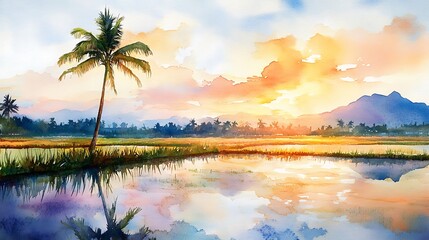 Serene watercolor panorama of a rice field with a single palm tree, soft pastel sunrise, reflective water shimmering 