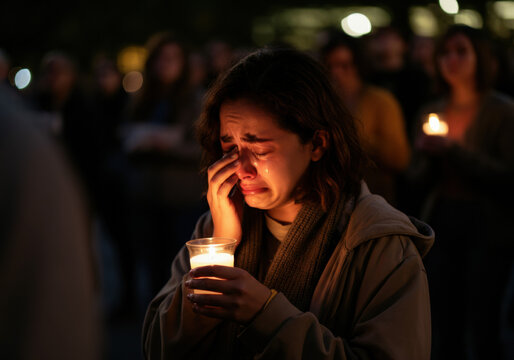 Woman Grieving at a Candlelight Vigil