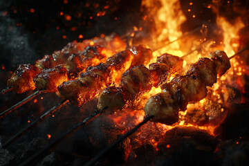 Tandoori Chicken Skewers Roasting Over Fiery Embers with Vibrant Spices in Night Glow