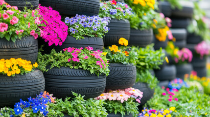 Repurposed tire stack used as garden planter filled with colorful flowers, creating vibrant and eco friendly display in garden setting