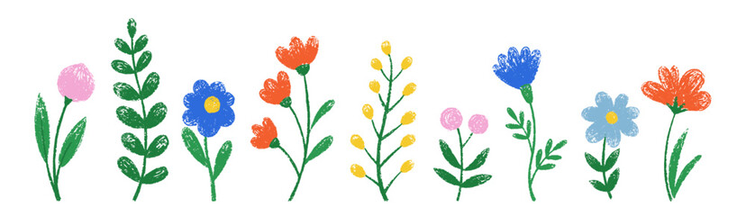 Doodle flowers for kids with crayon, chalk or pastel texture. Panoramic spring floral banner. Easter or summer vector illustration on a white background.