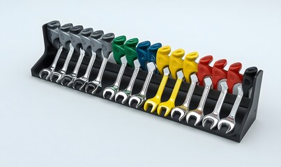 Organized set of colorful wrenches in a rack.