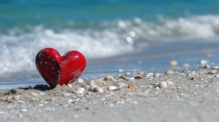 Fototapeta premium A broken heart in the sand, surrounded by small seashells and ocean foam as waves begin to rise.