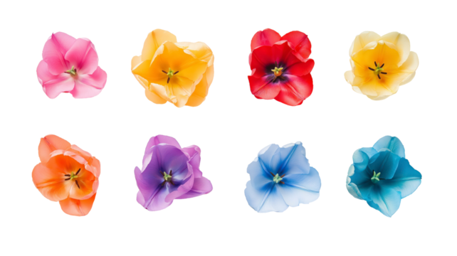 Set of tulips in violet, white, pink, red, purple, and blue on a transparent background. Valentine's Day, Easter, Birthday, Women's Day, Mother's Day, flat lay, quotes, greetings, messages, and cards.
