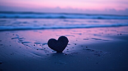 Fototapeta premium A broken heart in the sand with the ocean breeze gently sweeping over the beach at twilight.