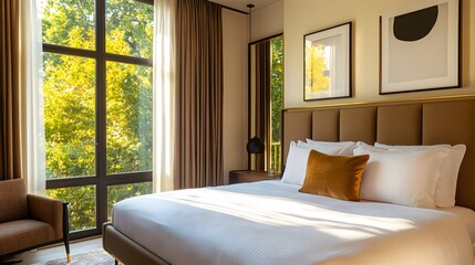 Stylish Modern Bedroom Design Featuring Elegant Furnishings and Natural Light with Large Windows and Fresh Greenery for a Cozy Atmosphere