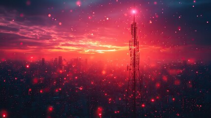 A telecommunication tower with a 5G network antenna is shown against a city backdrop, representing global connection