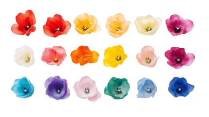 Set of tulips in violet, white, pink, red, purple, and blue on a transparent background. Valentine's Day, Easter, Birthday, Women's Day, Mother's Day, flat lay, quotes, greetings, messages, and cards.