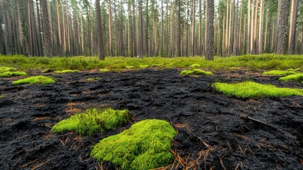 Wildfire Forest Recovery Concept, Blackened Forest Landscape with Patches of Vibrant Green Moss in a Tranquil Nature Setting