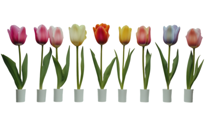 Set of tulips in violet, white, pink, red, purple, and blue on a transparent background. Valentine's Day, Easter, Birthday, Women's Day, Mother's Day, flat lay, quotes, greetings, messages, and cards.