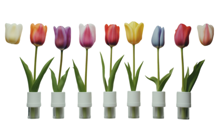 Set of tulips in violet, white, pink, red, purple, and blue on a transparent background. Valentine's Day, Easter, Birthday, Women's Day, Mother's Day, flat lay, quotes, greetings, messages, and cards.