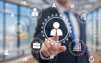 Businessman interacts with digital human resource interface