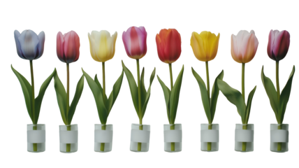Set of tulips in violet, white, pink, red, purple, and blue on a transparent background. Valentine's Day, Easter, Birthday, Women's Day, Mother's Day, flat lay, quotes, greetings, messages, and cards.