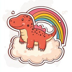 Adorable Cartoon Dinosaur on Cloud with Rainbow Cute Illustration Childrens Book Fantasy Art