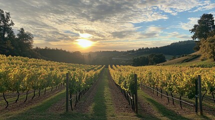 Fototapeta premium Vineyard Sunrise: A Peaceful Countryside View