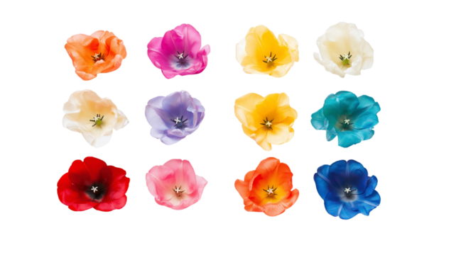 Set of tulips in violet, white, pink, red, purple, and blue on a transparent background. Valentine's Day, Easter, Birthday, Women's Day, Mother's Day, flat lay, quotes, greetings, messages, and cards. - Powered by Adobe