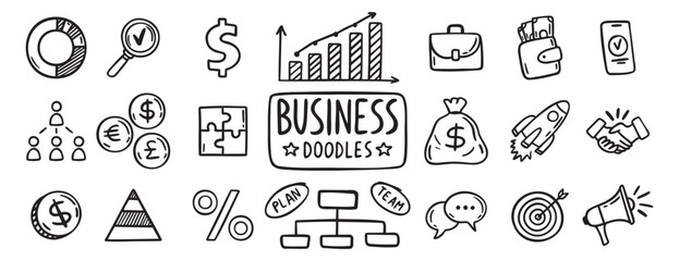 business doodle hand drawn icon set. Outline drawing business line clipart symbol collection