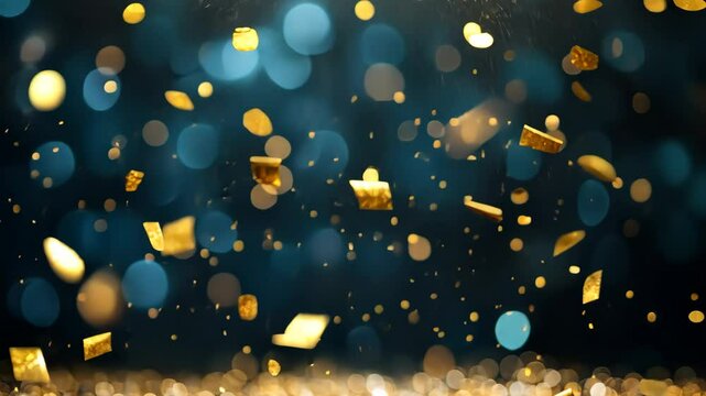 Golden sparkles and confetti rain down, creating a celebratory atmosphere during a festive event, Golden sparkles and confetti raining down, crafting a luxurious border on a party backdrop