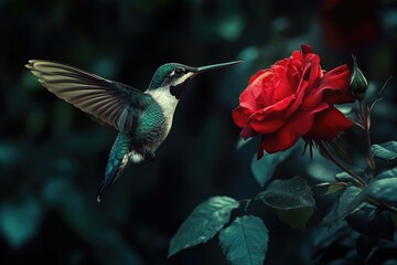 Fototapeta premium Hummingbird on Red Rose