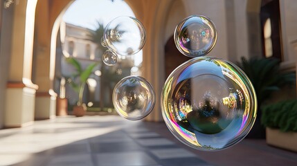 A collection of floating bubbles catching sunlight with a blurred background.