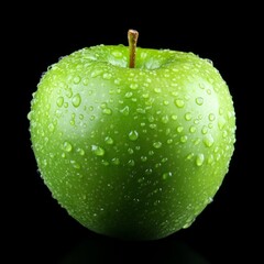 Fresh Green Apple with Water Droplets on Black Background