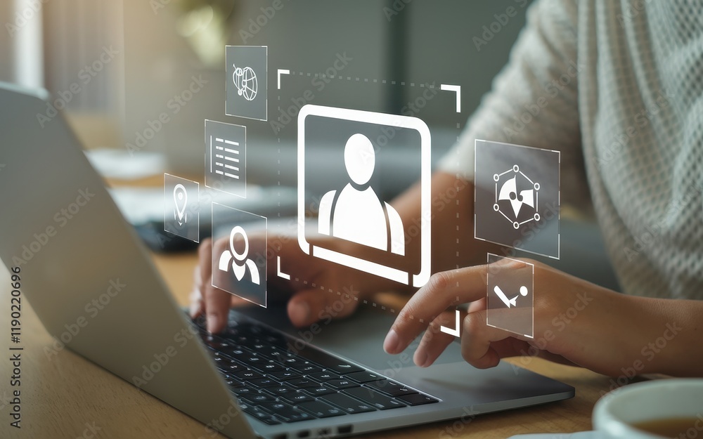 Poster person using laptop with digital profile interface overlay