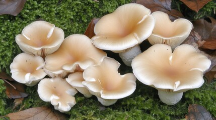 Fototapeta premium A collection of mushrooms growing in clusters on the forest floor, surrounded by rich green moss and fallen leaves.