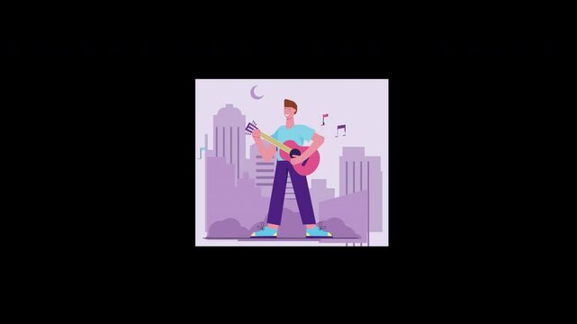A European male musician plays guitar in a cartoon cityscape at night.