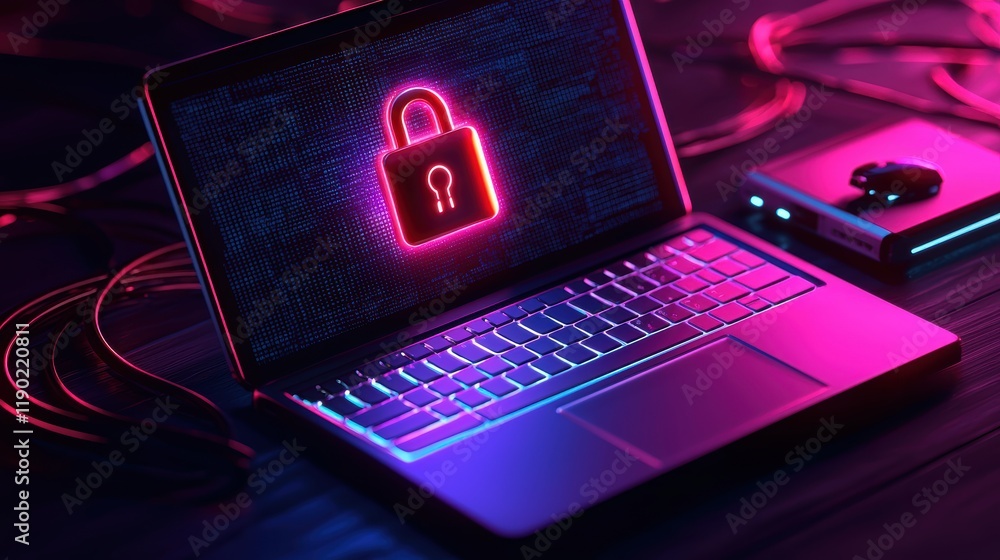 Poster cybersecurity action digital workspace graphic content neon environment close-up view concept of pro