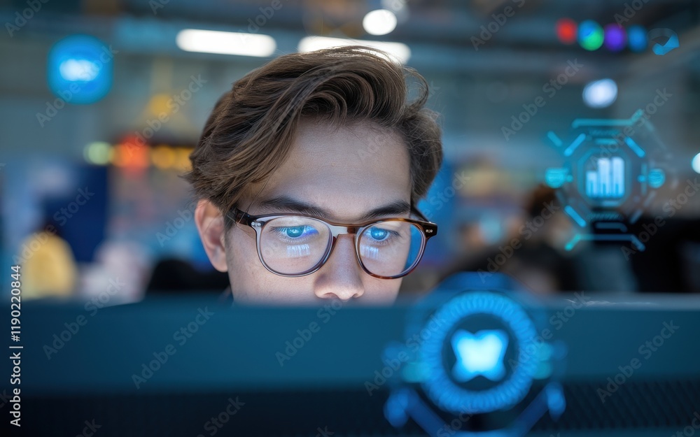 Poster young man focused on computer screen data analysis