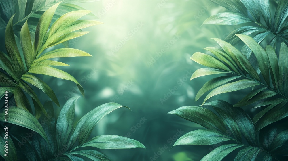 Poster lush tropical foliage creating a serene jungle background with soft sunlight filtering through the l