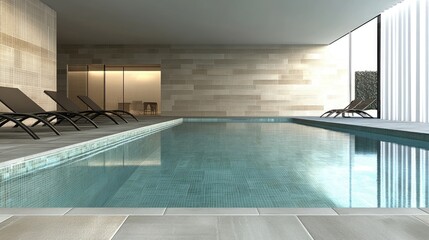 A contemporary home with a large rectangular swimming pool surrounded by elegant tiles.