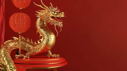 Obraz premium Majestic golden dragon traditional chinese celebration 3d art festive red background close-up concept of heritage