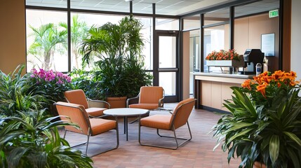 Fototapeta premium Trendy Office Break Area Featuring Comfortable Seating, Lush Plants, and a Coffee Station for Relaxation and Socialization