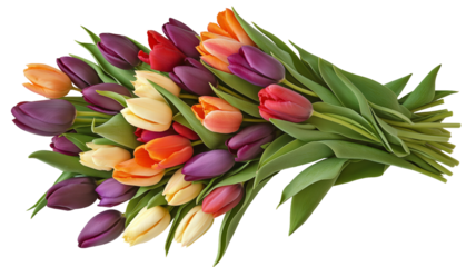 Set of tulips in violet, white, pink, red, purple, and blue on a transparent background. Valentine's Day, Easter, Birthday, Women's Day, Mother's Day, flat lay, quotes, greetings, messages, and cards.