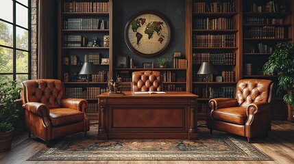 A traditional law office with leather bookshelves, an ornate desk, and vintage lamps providing a warm atmosphere