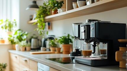 A drip coffee maker brewing into a clear glass carafe in a clean kitchen.