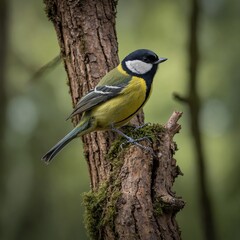 Obraz premium A vibrant Great Tit perches gracefully on a tree trunk, its striking yellow breast and bold black head contrasting beautifully with the natural tones of the bark. 