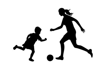 Silhouette of mother and child playing soccer, a heartwarming family sports moment.