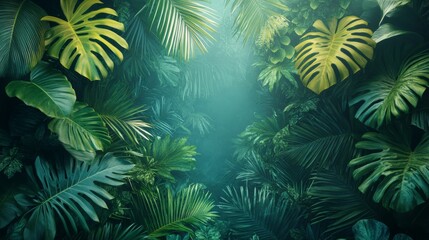 Lush tropical foliage creating a serene and enigmatic jungle scene with vibrant green and yellow tones