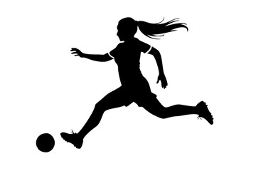 Silhouette of a girl soccer player in action.