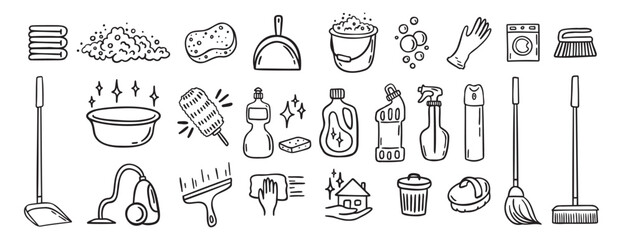 Cleaning kit equipment doodle hand drawn icon set. Outline drawing cleaning inventory, clean tools wash, bucket and mop, spray bottle with detergent cleaner line clipart symbol collection