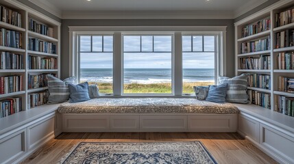 Obraz premium Elegant Virtual Presentation Background with a Cozy Room, Bookshelves, and Seaside View Perfect for Zoom Meetings and Online Team Collaborations