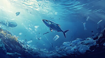 Obraz premium Underwater Perspective Featuring Fish Swimming Amidst Marine Debris and Pollutants in an Ocean Environment, Highlighting Environmental Concerns