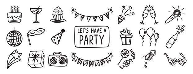 Party event or Birthday doodle icon element doodle hand drawn icon set. Outline drawing party, carnival celebration concept line clipart symbol collection. sketch birthday cake, balloon, decoration