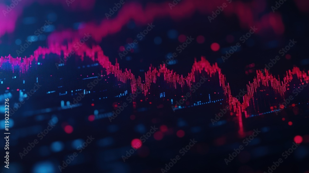 Poster abstract 3d data visualization of a fluctuating market graph with red and blue tones.