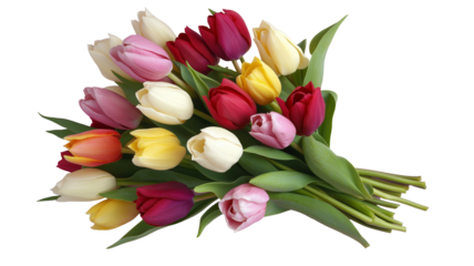Set of tulips in violet, white, pink, red, purple, and blue on a transparent background. Valentine's Day, Easter, Birthday, Women's Day, Mother's Day, flat lay, quotes, greetings, messages, and cards.