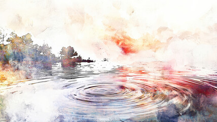 A vivid watercolor of a baptism by a riverside, with soft ripples in the water and a peaceful, spiritual atmosphere under gentle light.
