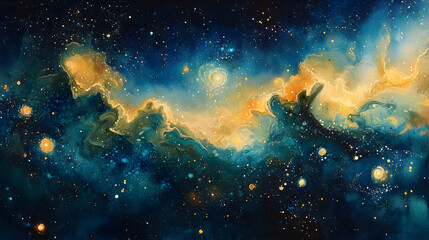 Fototapeta premium Abstract Background Illustration - Cosmic Dreamscape, Stars, Nebula, Galaxy, Universe, Space, Blue, Gold, Teal, Celestial
