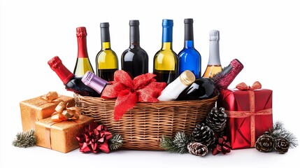 Festive wine gift basket with presents.